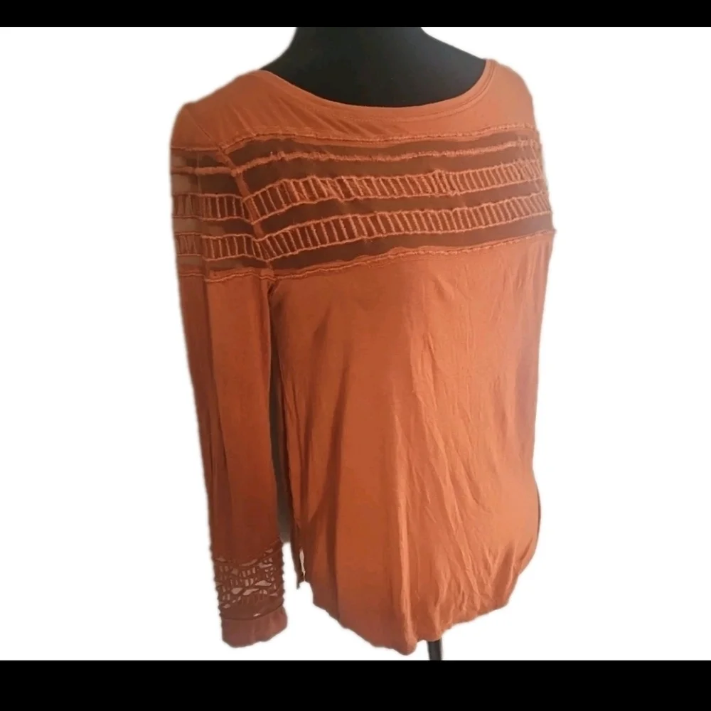 Free People Womens Brown Mesh Inset Tee Casual Trendy Long Sleeve Top S